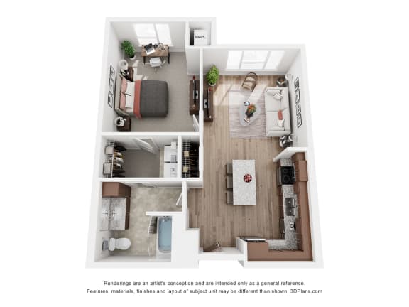 a 1 bedroom floor plan with a bedroom and a living room