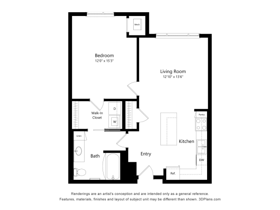 a floor plan of a unit with a bedroom and a living room