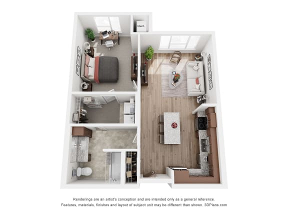 a stylized floor plan with a bedroom and a living room