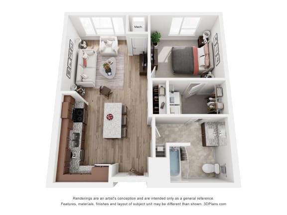a stylized floor plan with a bedroom and a living room