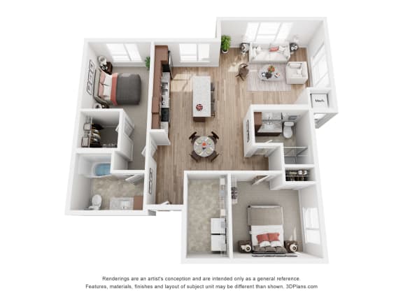 a stylized floor plan of a 1 bedroom with a bathroom and a living room