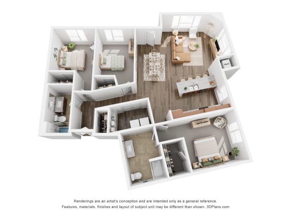 a stylized floor plan with a bedroom and living room