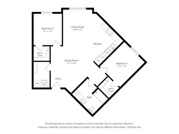 A black and white image of a floor plan for a house with four bedrooms, a living room, a dining room, a kitchen, a bathroom, and an entry way.