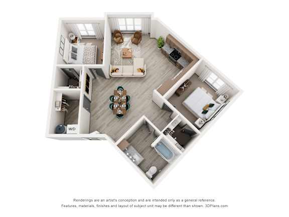 A floor plan of a house with a kitchen, living room, dining room, and two bedrooms.