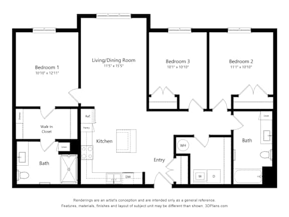 A black and white drawing of a house layout with a living/dining room, kitchen, and three bedrooms.