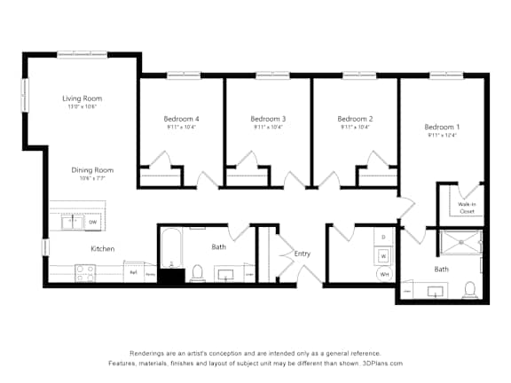 A floor plan of a house with a living room, dining room, kitchen, and four bedrooms.