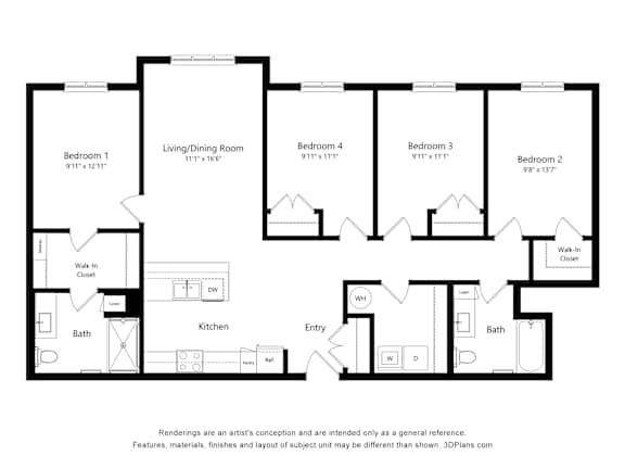 A black and white drawing of a house layout with four bedrooms and a living/dining room.
