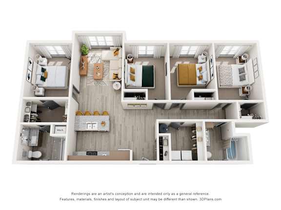 A 3D floor plan of a house with a kitchen, living room, and bathrooms.