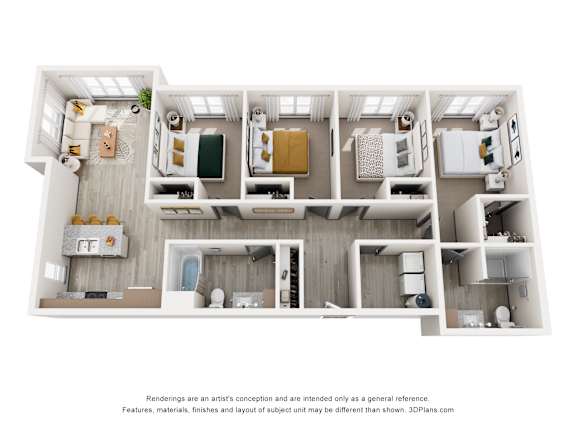A 3D floor plan of a house with a kitchen, living room, and bathrooms.