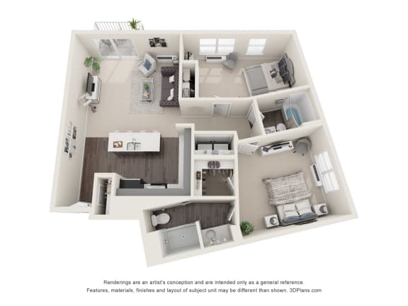 a 3d floor plan of a home with a bedroom and living room