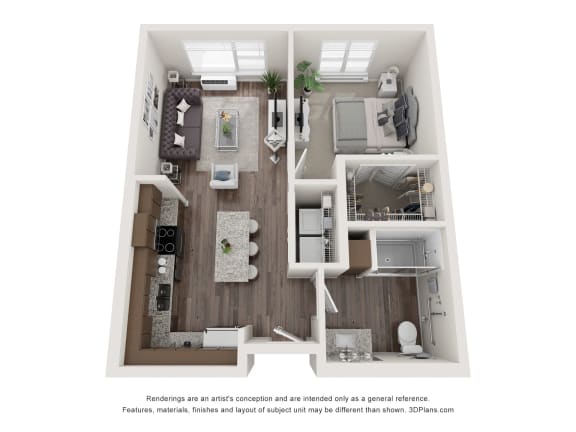 a 1 bedroom floor plan with a bathroom and a living room