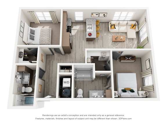 A 3D floor plan of a small apartment with a kitchen, living room, and bathroom.