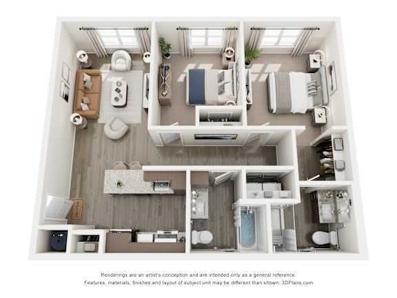 A 3D floor plan of a small apartment with a kitchen, living room, and bathroom.