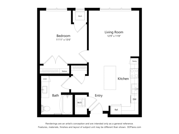 a floor plan of a unit with a bedroom and a living room