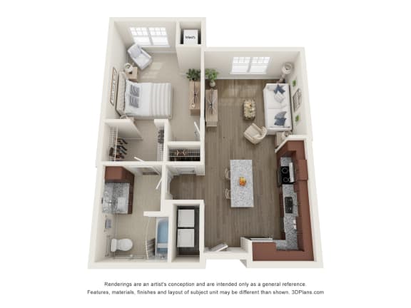 this is a 3d floor plan of a 852 square foot 1 bedroom apartment at the