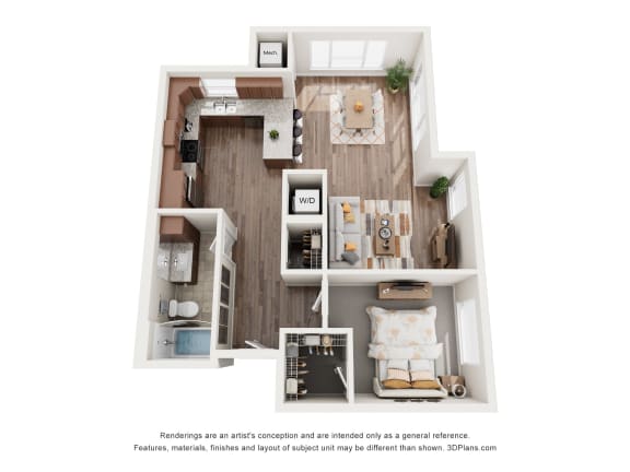1 bed 1 bath A A2 Floor Plan at The Quill 55+ Apartments, Hastings, MN