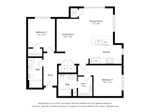 2 bed 2 bath A B2 Floor Plan at The Quill 55+ Apartments, Hastings, MN