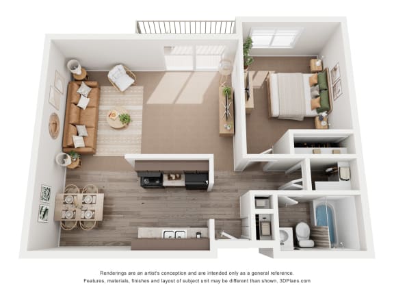 a rendering of the 1 bedroom floor plan with a bathroom and living room