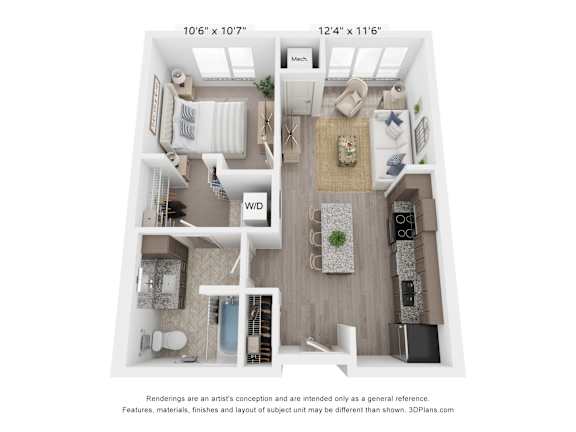 3D floor plan with one bedroom and one bathroom