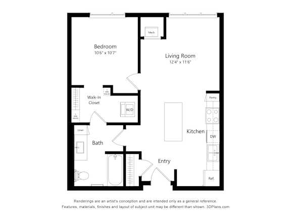 a floor plan of a unit with a bedroom and a living room