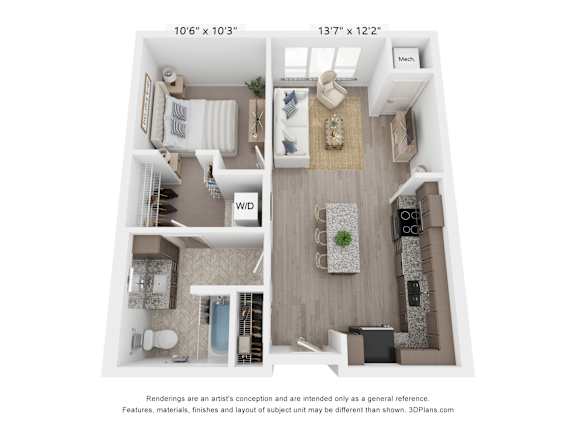 a 1 bedroom floorplan with a bedroom and a living room