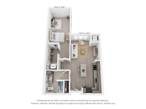3D floor plan with one bedroom and one bathroom