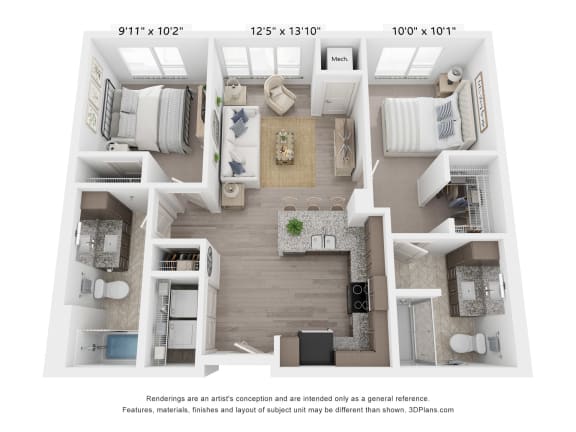 a 3d floor plan of a room with a bedroom