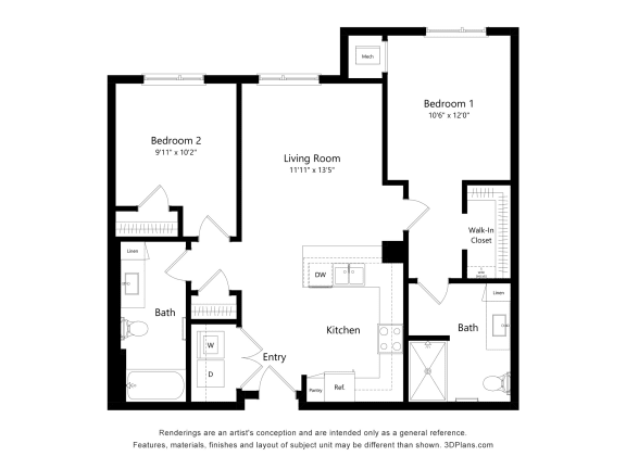 a floor plan of a bedroom apartment with an open floor plan