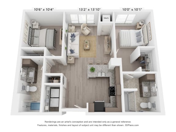 a 3d floor plan of a 555 sq ft apartment