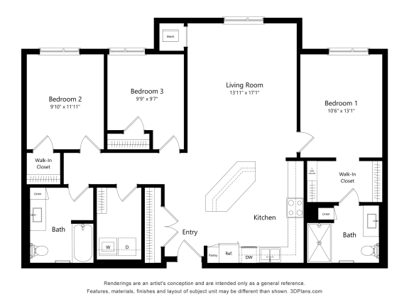2D floor plan with two bedrooms and two bathrooms