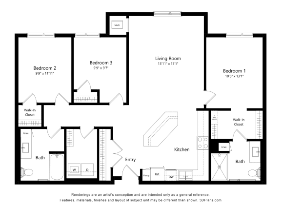 2D floor plan with three bedrooms and two bathrooms