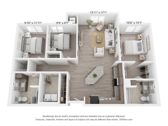 a three bedroom floor plan with two bathrooms