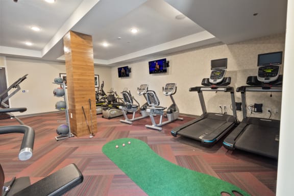 a gym with treadmills and weights and a green rug at The Winslow 62+ Apartments, West St Paul