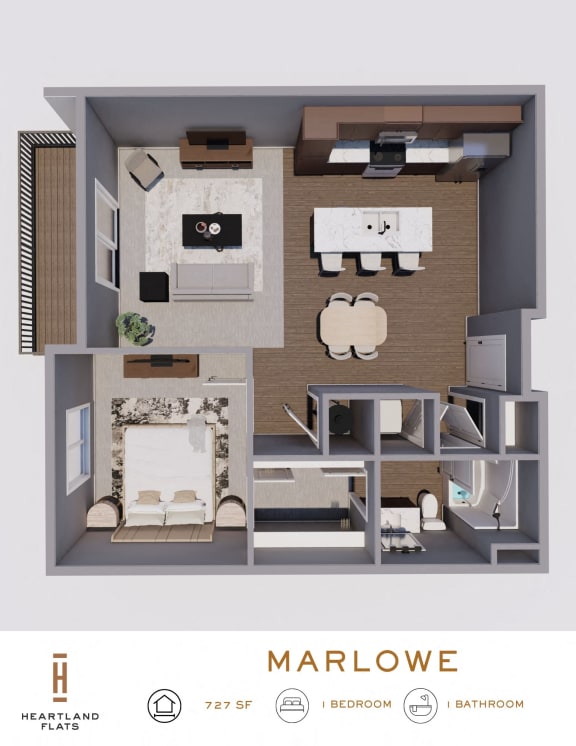 3d floor plan of a house with a bedroom and a living room