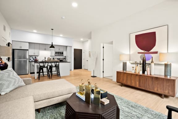 Living Room With Kitchen at The Hill Apartments, Saint Paul, MN, 55102