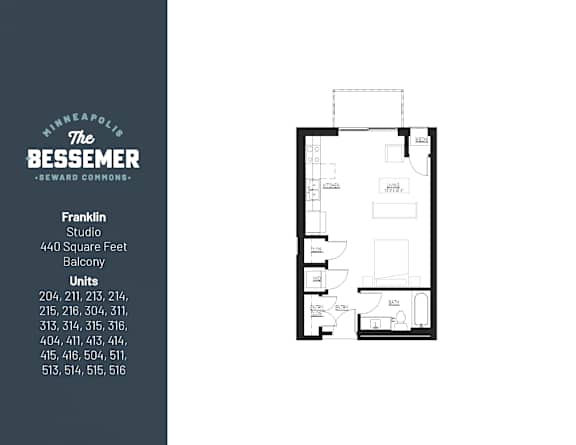 Studio 440 sq.ft. balcony at The Bessemer at Seward Commons Apartments, Minneapolis, MN,  55404