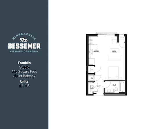 Studio 440 sq.ft. Juliet at The Bessemer at Seward Commons Apartments, Minneapolis, 55404