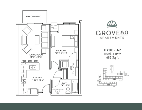 Hyde - A7 Floor Plan at Grove80 Apartments, Cottage Grove, 55016