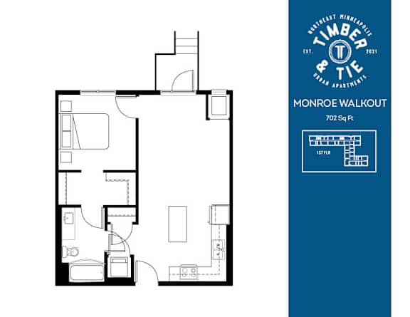 A floor plan for a 702 square foot Monroe Walkout home.