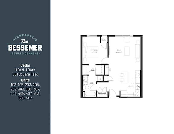 Cedar 1Bed 1Bath at The Bessemer at Seward Commons Apartments, MN, 55404