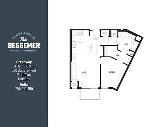 1Bed 1Bath 726 sq.Ft. at The Bessemer at Seward Commons Apartments, Minneapolis, Minnesota