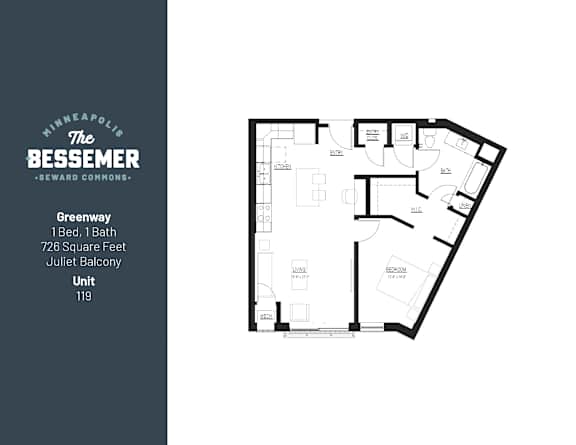 1Bed 1Bath 726 sq.Ft. Juliet at The Bessemer at Seward Commons Apartments, Minneapolis