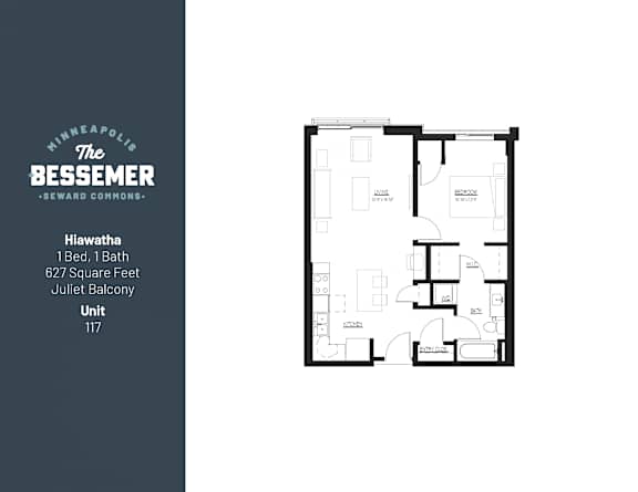 1Bed 1Bath 627 sq.Ft._juliet at The Bessemer at Seward Commons Apartments, Minnesota, 55404