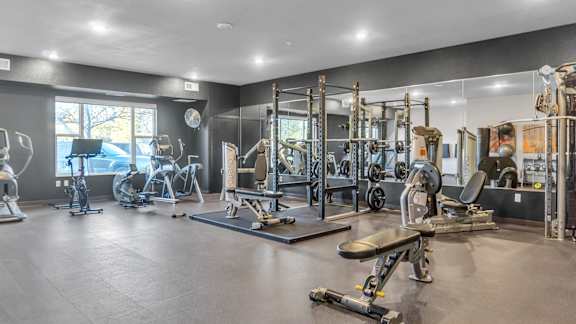 A spacious gym with a variety of equipment including treadmills, weights, and benches.