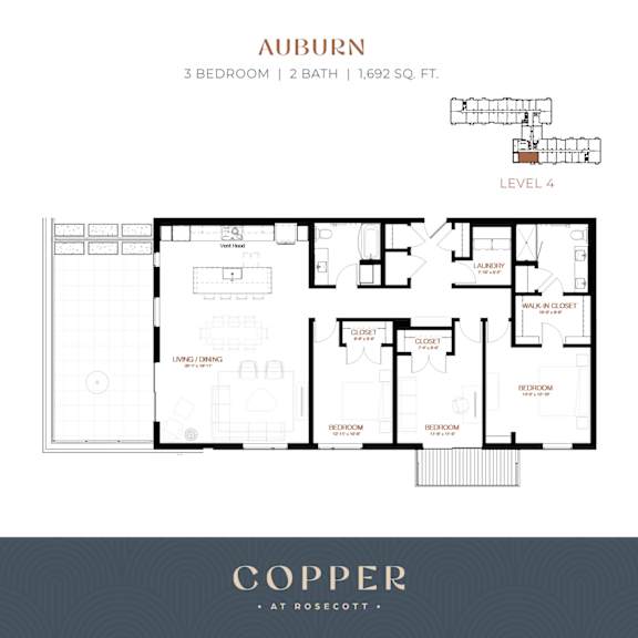 A three bedroom floor plan called Auburn at an apartment called Copper at Rosecott in Rosemount, MN