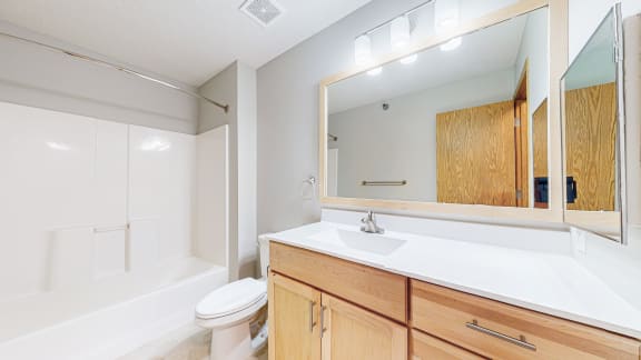 the preserve at ballantyne commons apartment bathroom with sink toilet and mirror