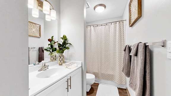 A bathroom with a white sink, toilet, and a shower curtain.