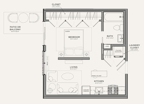 A black and white floor plan of a small apartment with a bedroom, living room, and kitchen.