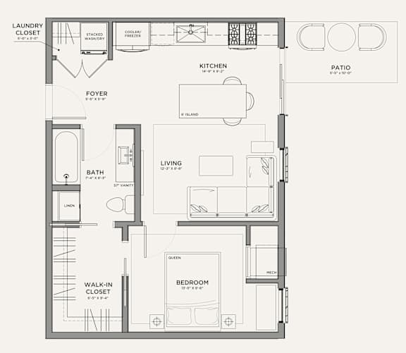 A floor plan of a small apartment with a living room, kitchen, bathroom, and bedroom.