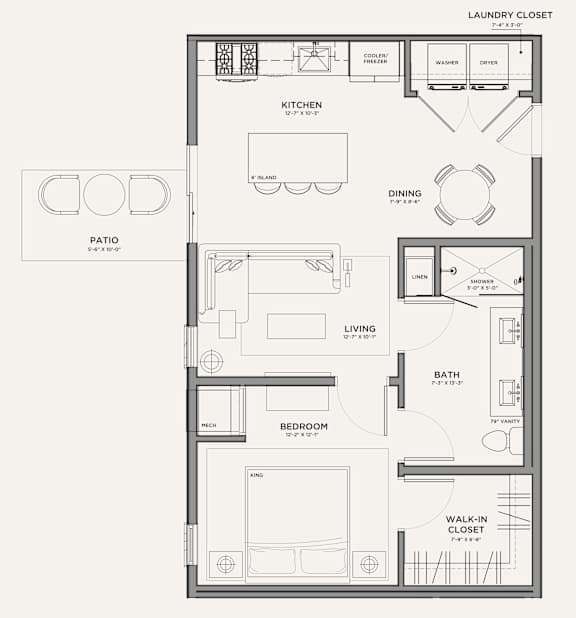 A black and white floor plan of a small apartment with labeled rooms.